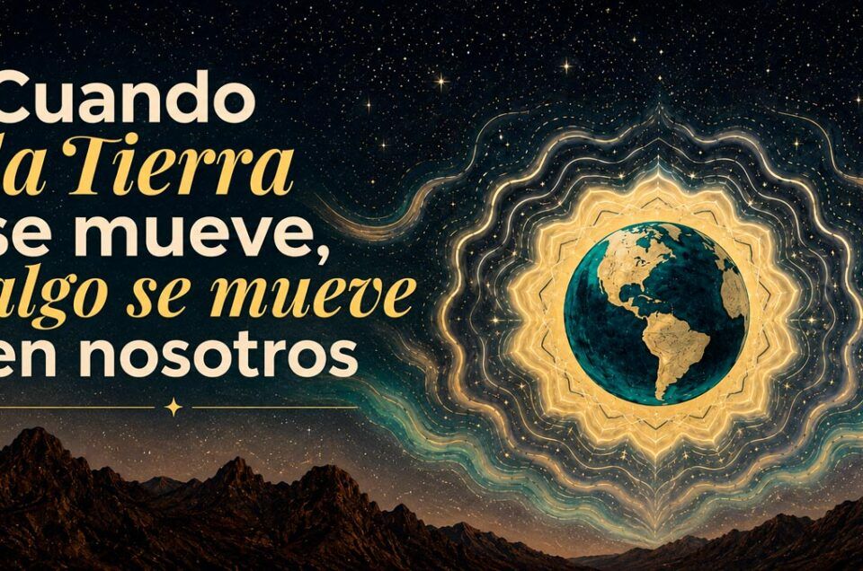 Tierra rodeada de ondas de luz como símbolo de frecuencia, resonancia y movimiento